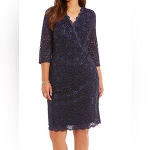 Alex Evenings Sequined Scalloped Neck Dress Midnight Navy New with Tag 16 W.